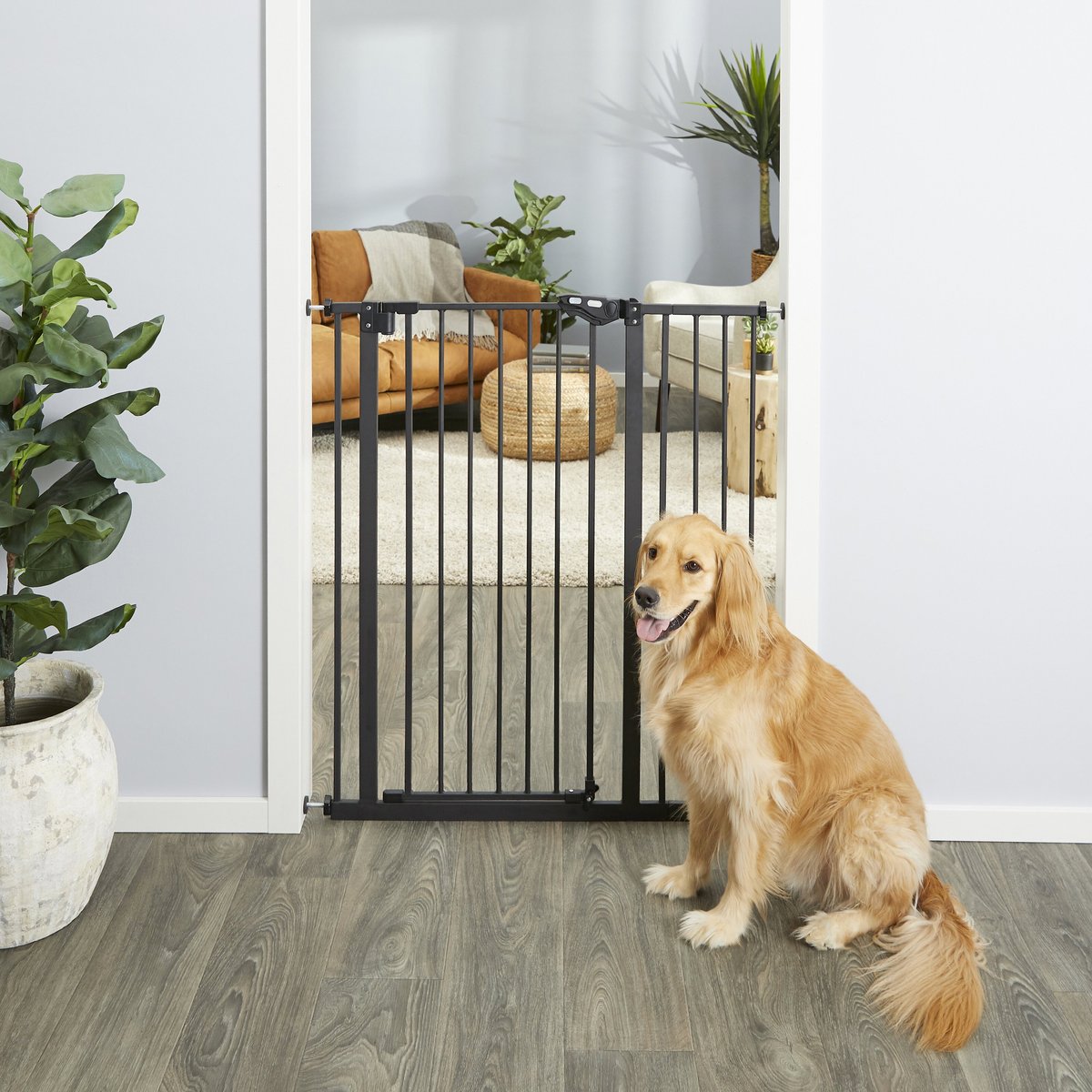 Babelio 26-43" Auto Close Baby/Dog Gate for Stairs, 2-in-1 Easy Swing Doorway and Hallway Pet Gate, with Extra-Wide Walk Thru Door and Threshold-Free Design, Gray