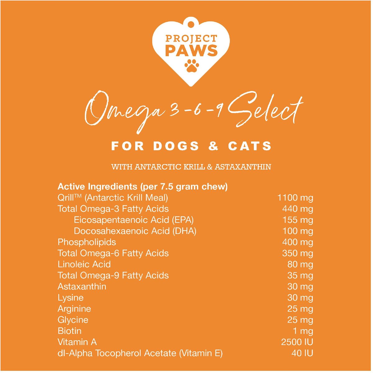 PROJECT PAWS Omega 3 6 9 Select Grain Free Skin Coat Support Dog