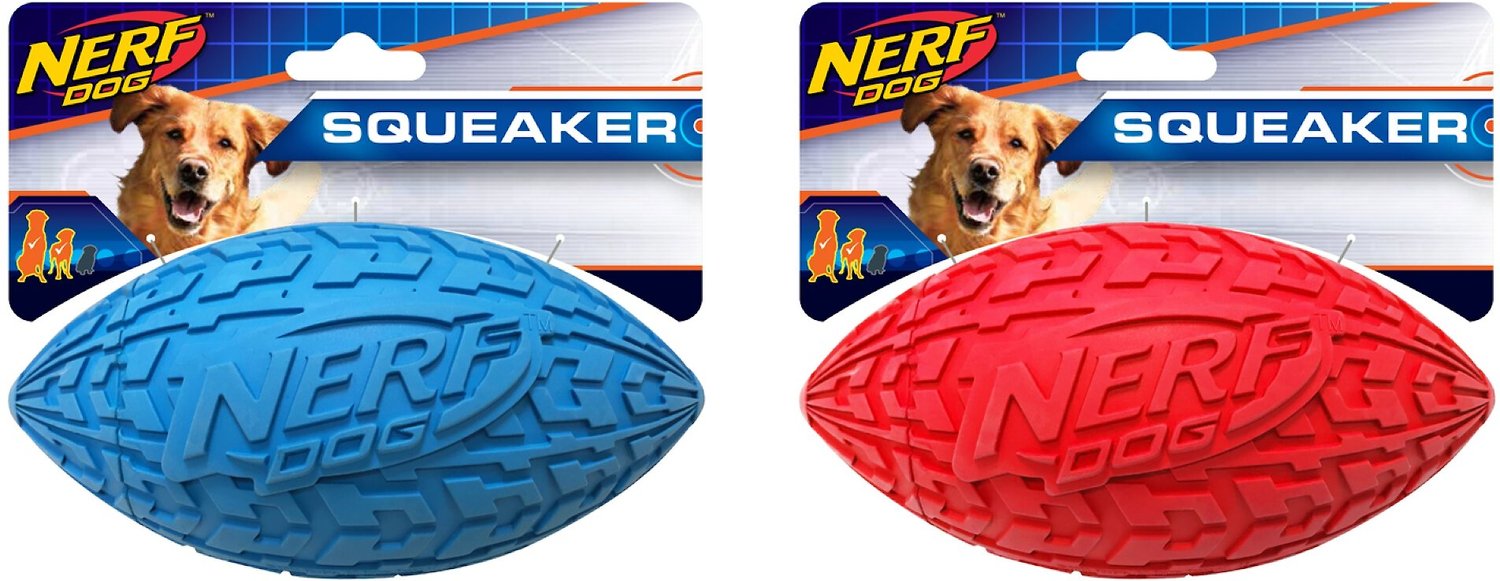 NERF DOG Squeaker Football Dog Toy, Blue/Red, 2 count