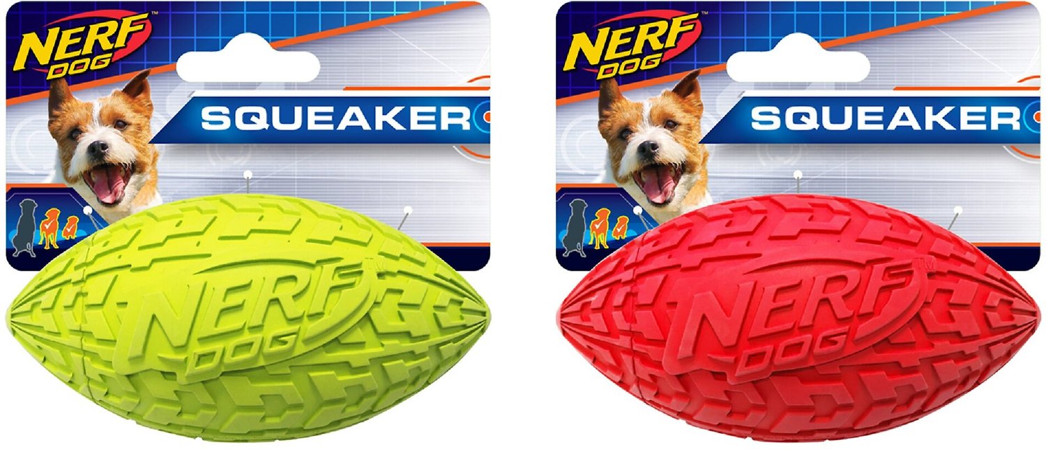 NERF DOG Squeaker Tire Football Dog Toy, Green/Red, 2 count