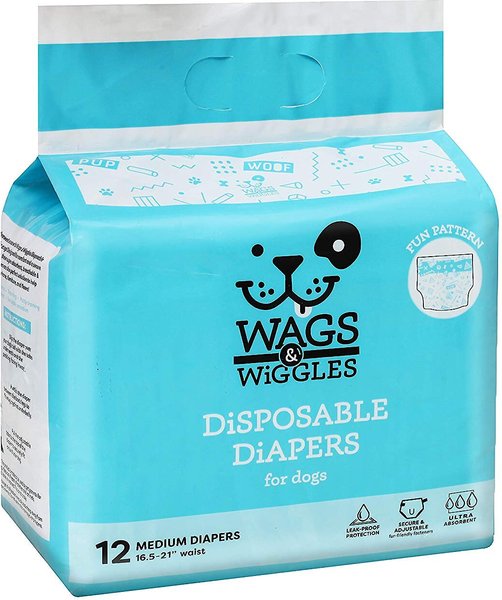 Wags & Wiggles Male & Female Dog Diapers, Blue, Medium: 16.5 to 21-in waist, 12 count slide 1 of 5