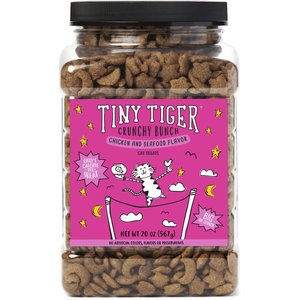 Tiny Tiger Crunchy Bunch, Fearless Feathers & Gracious Gills, Chicken & Seafood Flavor Cat Treats, 20-oz tub