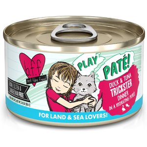 BFF Play Pate Lovers Duck & Tuna Trickster Wet Cat Food, 2.8-oz can, pack of 12