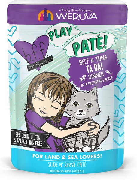BFF Play Pate Lovers Beef & Tuna Ta Da Wet Cat Food, 3-oz pouch, pack of 12 slide 1 of 9