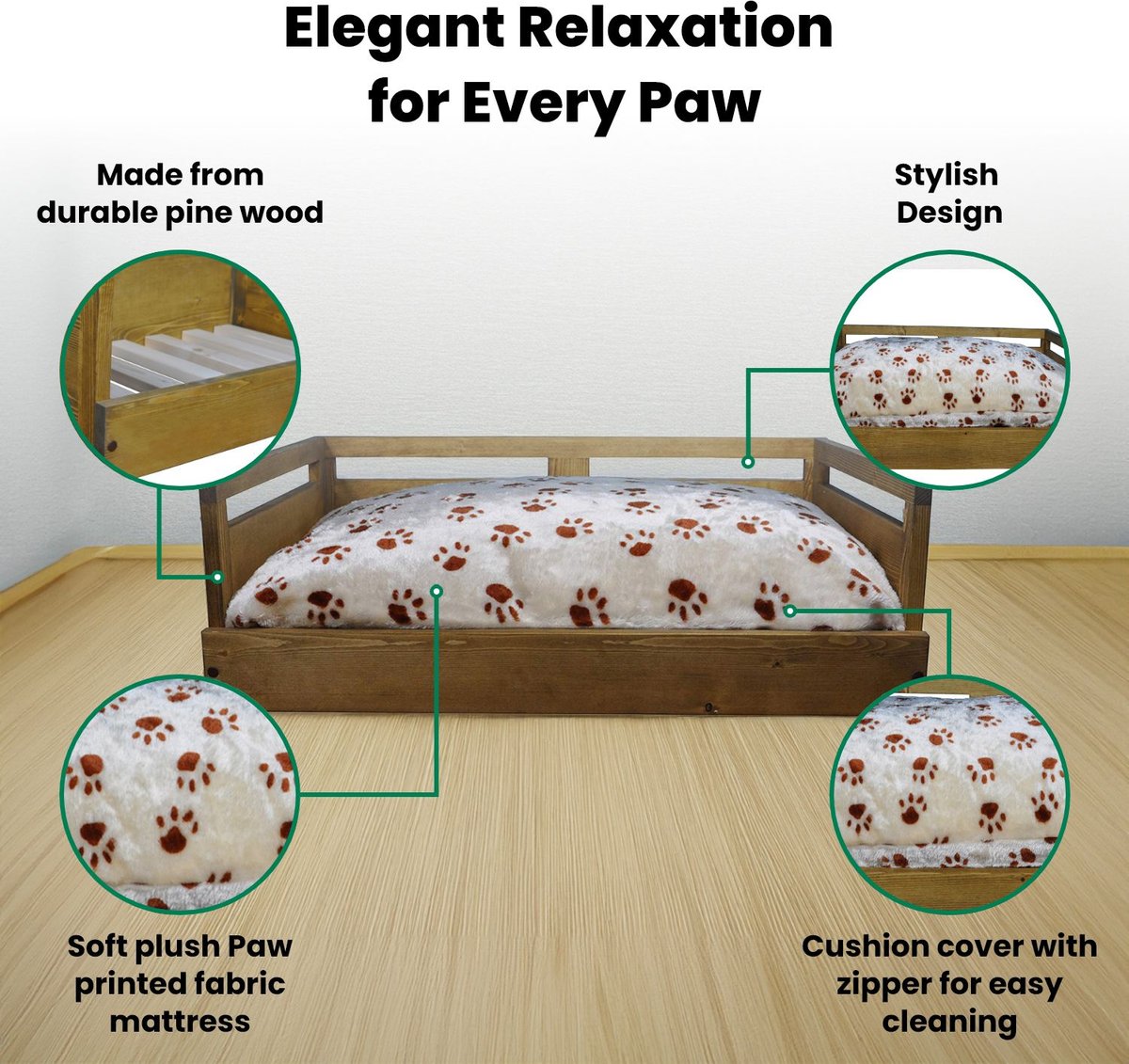 Iconic Pet Sassy Paws Raised Wooden Sofa Cat & Dog Bed with Removable Cover,
