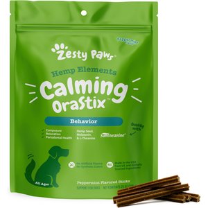 Zesty Paws Hemp Elements Calming Hemp OraStix Peppermint Flavored Dental Chews Melatonin Supplement for Dogs, 25-oz bag