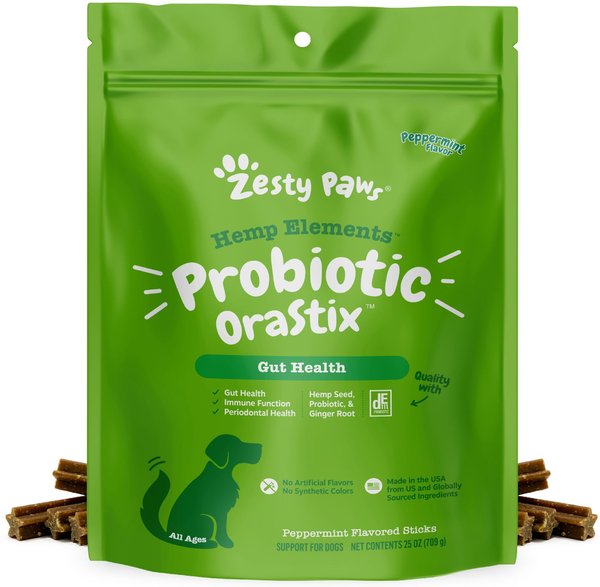 

Zesty Paws Hemp Elements Probiotic OraStix Peppermint Flavored Dog Dental Chews, 25-oz bag slide 1 of 9