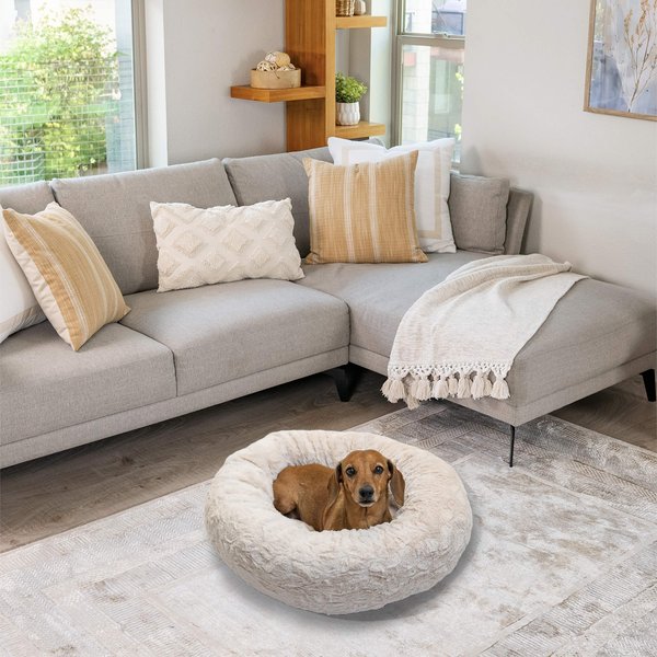 Best Friends by Sheri Calming Lux Fur Donut Cuddler Bolster Cat & Dog Bed, Oyster, Small slide 1 of 9