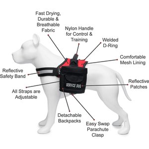 Industrial Puppy Reflective Service Dog Harness & Detachable Backpacks, Red, Large: 27 to 33.5-in chest