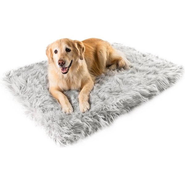 PawBrands PupRug Faux Fur Rectangular Orthopedic Pillow Dog Bed with Removable Cover, Gray