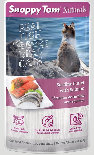 Snappy Tom Naturals Sardine Cutlet with Salmon Cat Food Pouches, 3.5-oz, case of 12 slide 1 of 1