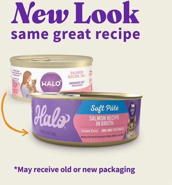 HALO Salmon Adult Grain Free Soft Pate in Broth Wet Cat Food 5.5 oz can case of 12 Chewy