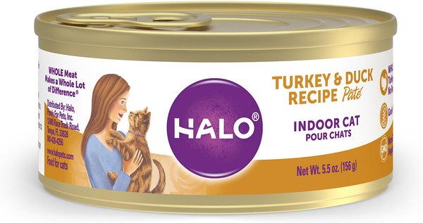 Halo Turkey & Duck Recipe Pate Grain-Free Indoor Cat Canned Cat Food, 5.5-oz, case of 12 slide 1 of 9