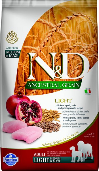 Farmina N&D Ancestral Grain Chicken & Pomegranate Medium & Maxi Adult Light Dry Dog Food, 5.5-lb bag slide 1 of 1