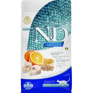 Farmina N&D Ocean Codfish, Spelt, Oats & Orange Adult Dry Cat Food, 3.3-lb bag