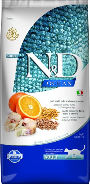 Farmina N&D Ocean Codfish, Spelt, Oats & Orange Adult Dry Cat Food, 11-lb bag slide 1 of 6