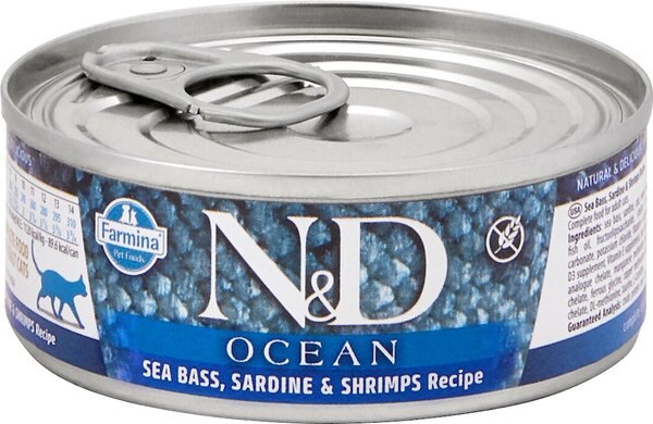 Farmina Natural & Delicious Ocean Sea Bass, Sardine & Shrimp Canned Cat Food, 2.8-oz can, case of 12 slide 1 of 6