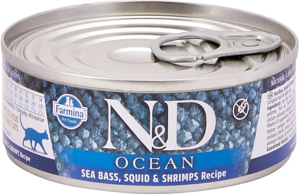Farmina Natural & Delicious Ocean Sea Bass, Squid & Shrimp Canned Cat Food, 2.8-oz can, case of 12 slide 1 of 6