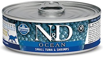 Farmina Natural & Delicious Ocean Small Tuna & Shrimps Canned Cat Food, 2.8-oz can, case of 12 slide 1 of 4