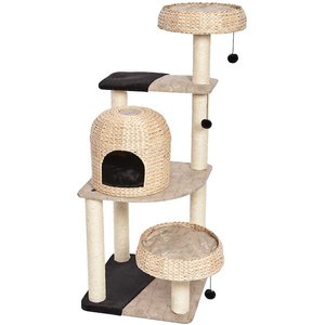 A large wicker cat tree/cat tower with condos