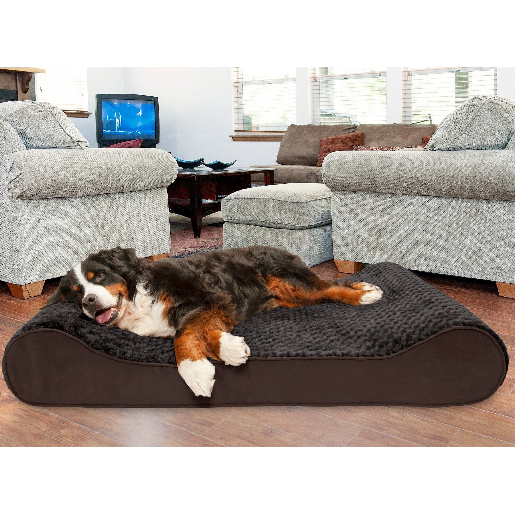FurHaven Ultra Plush Luxe Lounger Cooling Gel Dog Bed with Removable Cover, Chocolate, Giant