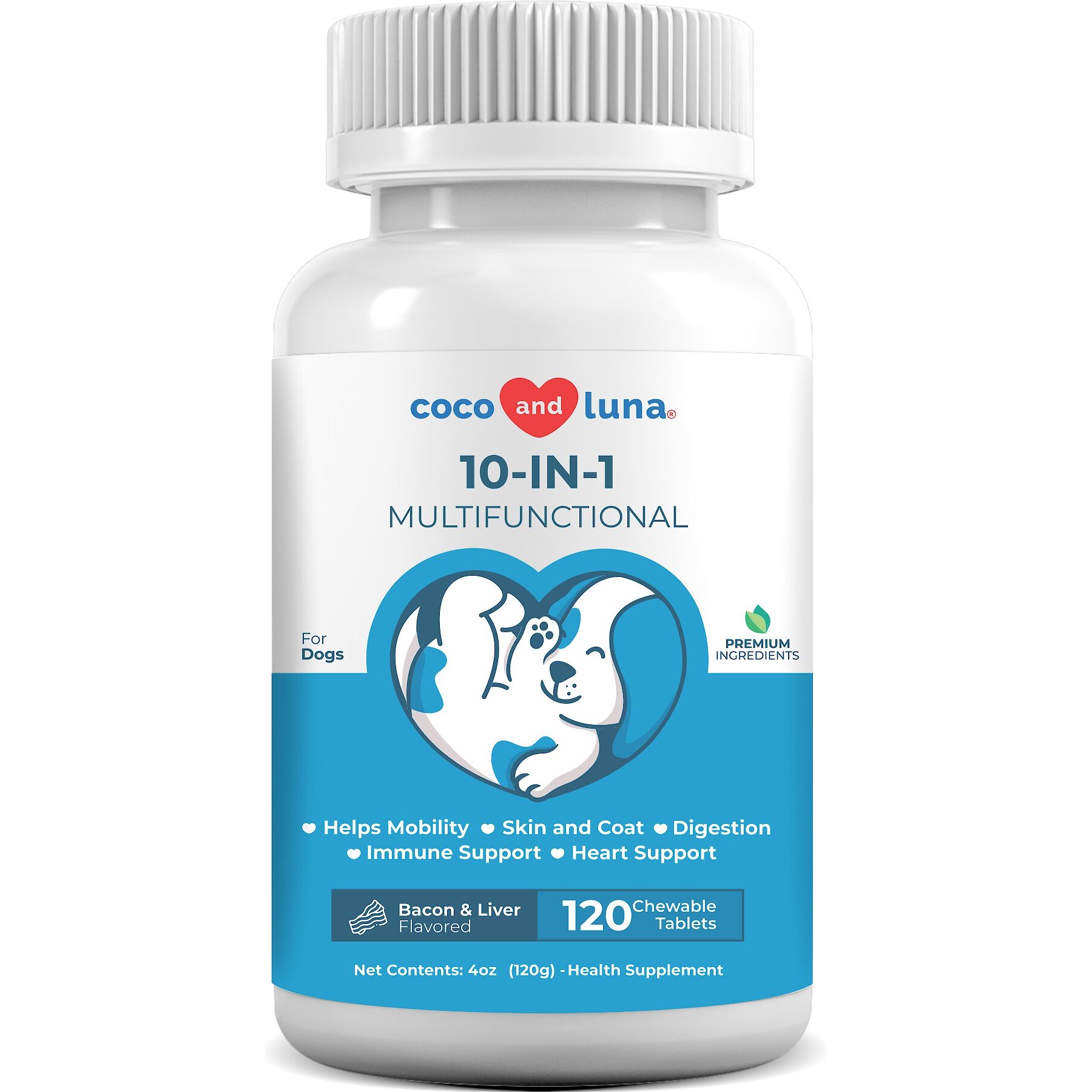 Coco and Luna 10-in-1 Bacon & Liver Flavored Chewable Tablet Multivitamin for Dogs, 120 count