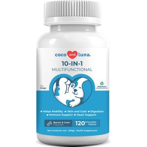 Coco and Luna 10-in-1 Bacon & Liver Flavored Chewable Tablet Multivitamin for Dogs, 120 count