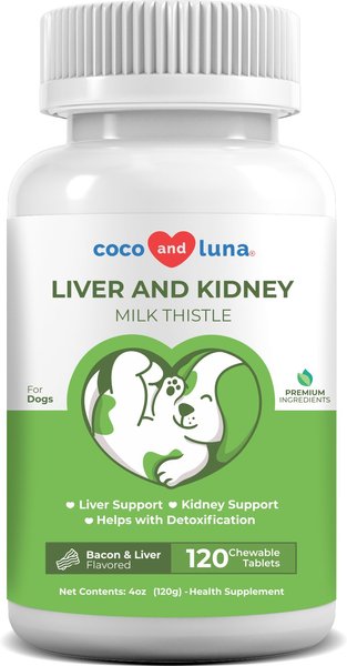 Coco and Luna Liver & Kidney Milkthistle Bacon & Liver Flavor Dog Supplement, 120 count slide 1 of 9