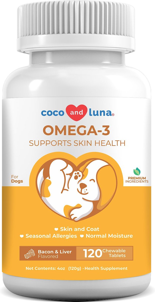 Coco and Luna Omega 3 6 9 Skin Coat Bacon Liver Flavor Dog Supplement 120 count