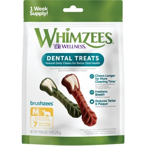 WHIMZEES by Wellness Brushzees Dental Chews Natural Grain-Free Dental Dog Treats, Medium, 7 count