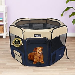 EliteField 2-Door Soft-Sided Dog & Cat Playpen, Beige & Navy Blue, 62 x 62 x 30-in