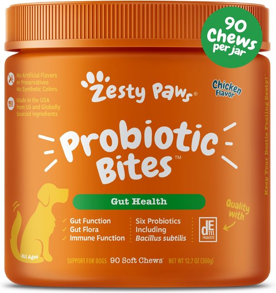 Zesty Paws Probiotic Bites Chicken Flavored Soft Chews Gut Flora & Digestive Supplement for Dogs, 90 count slide 1 of 9