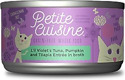 Petite Cuisine L'il Violet's Tuna, Pumpkin & Tilapia Entrée in Broth Grain-Free Wet Cat Food, 2.8-oz can, case of 24