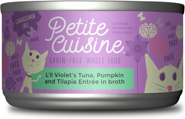 Petite Cuisine L'il Violet's Tuna, Pumpkin & Tilapia Entrée in Broth Grain-Free Wet Cat Food, 2.8-oz can, case of 24 slide 1 of 8