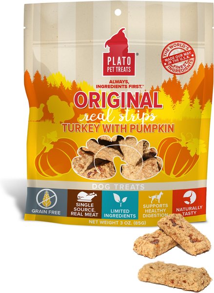 Plato Real Strips Turkey with Pumpkin Grain-Free Dog Treats, 3-oz bag slide 1 of 4