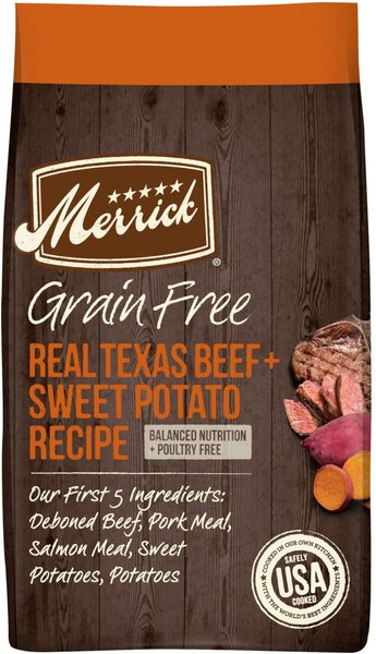 Merrick Real Texas Beef + Sweet Potato Recipe Grain-Free Chicken-Free Adult Dry Dog Food, 4-lb bag slide 1 of 10