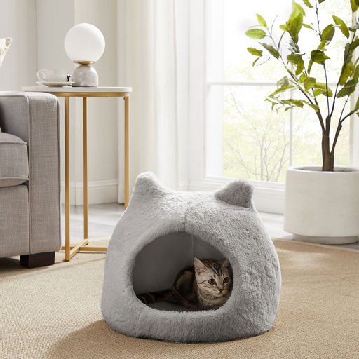 Best Friends by Sheri Meow Hut Covered Cat & Dog Bed, Grey, Standard