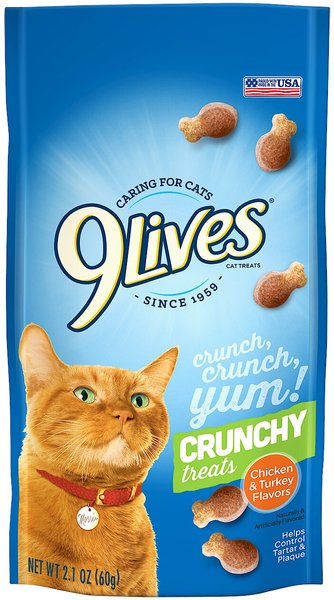 9 Lives Chicken & Turkey Flavor Crunchy Cat Treats, 2.1-oz bag, case of 12 slide 1 of 3