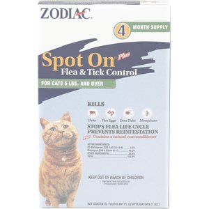 Zodiac Spot On Plus Flea & Tick Spot Treatment for Cats & Kittens, over 5-lbs, 4 Doses (4-Months Protection)