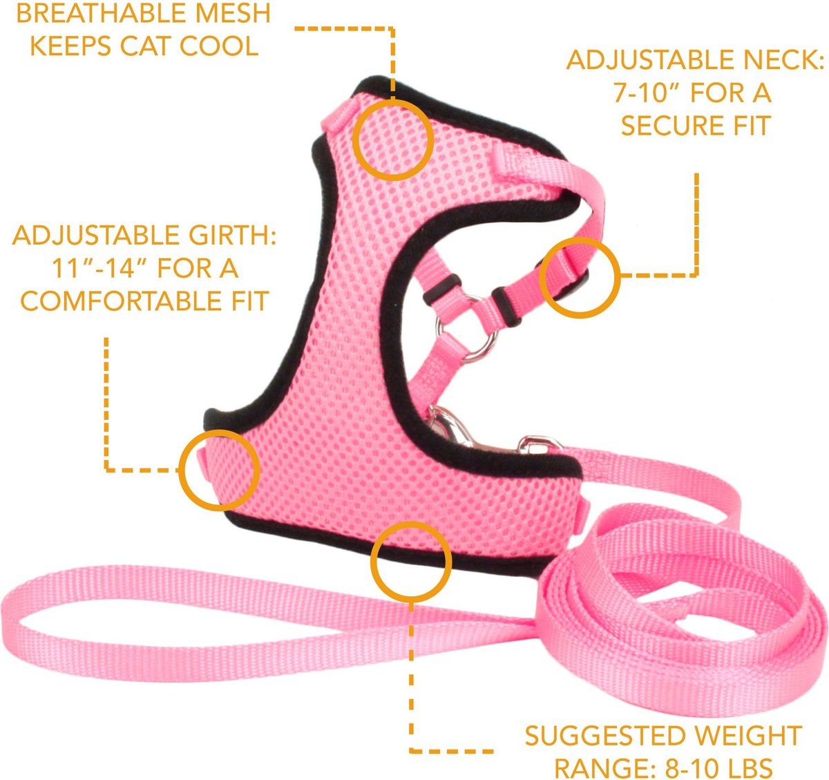 COMFORT SOFT Mesh Cat Harness & Leash, Pink Bright, 11 to 14-in