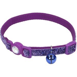 Safe Cat Jeweled Glitter Polyester Breakaway Cat Collar with Bell, Purple, 8 to 12-in neck, 3/8-in wide