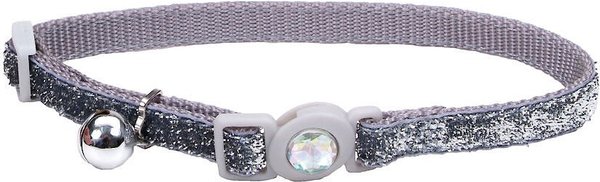 Safe Cat Jeweled Glitter Polyester Breakaway Cat Collar with Bell, Silver, 8 to 12-in neck, 3/8-in wide slide 1 of 5