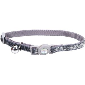 Safe Cat Jeweled Glitter Polyester Breakaway Cat Collar with Bell, Silver, 8 to 12-in neck, 3/8-in wide
