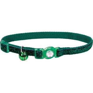 Safe Cat Jeweled Glitter Polyester Breakaway Cat Collar with Bell, Green Dot, 8 to 12-in neck, 3/8-in wide