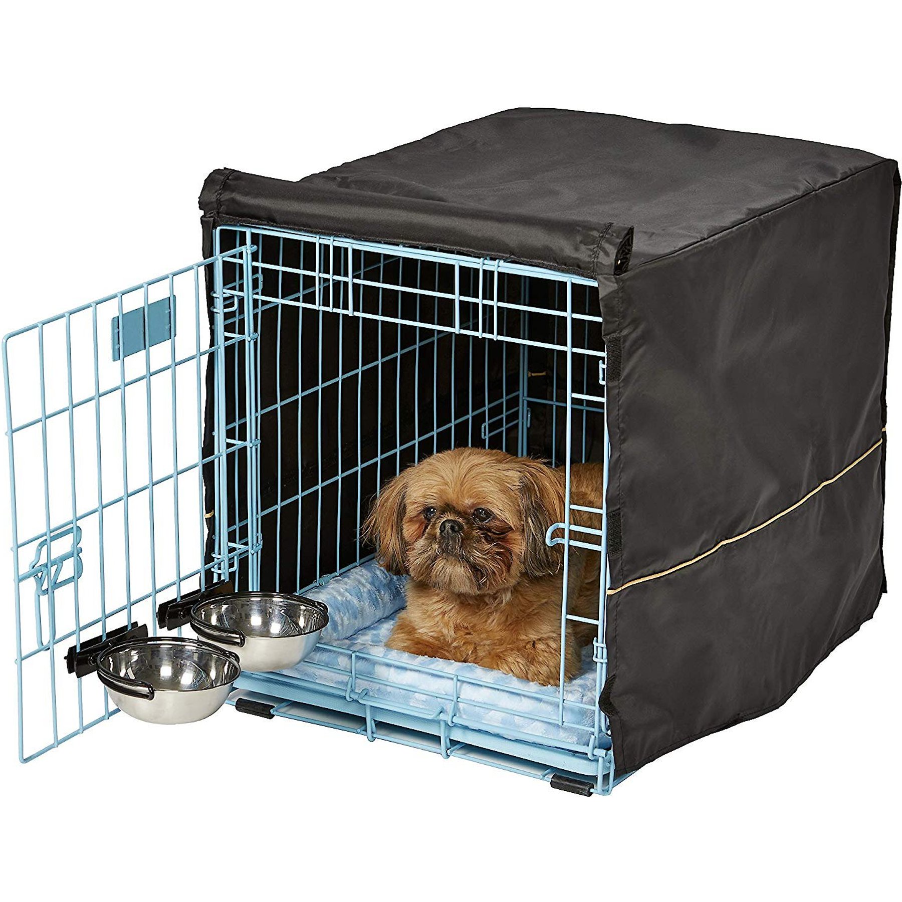 Midwest iCrate Starter Kit 24 Inch Crate Ideal for Small Dogs Includes Crate Bed Bowls Cover Blue