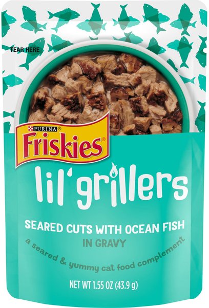 Friskies Lil' Grillers Seared Cuts with Ocean Fish In Gravy Wet Cat Food, 1.55-oz pouches, case of 16 slide 1 of 10