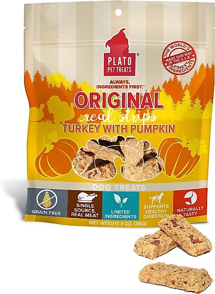 Plato Original Real Strips Turkey & Pumpkin Recipe Grain-Free Dog Treats, 18-oz bag slide 1 of 4