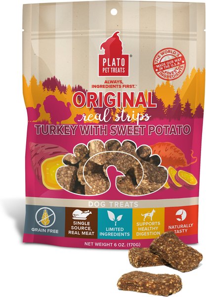 Plato Original Real Strips Turkey & Sweet Potato Recipe Grain-Free Dog Treats, 6-oz bag slide 1 of 4