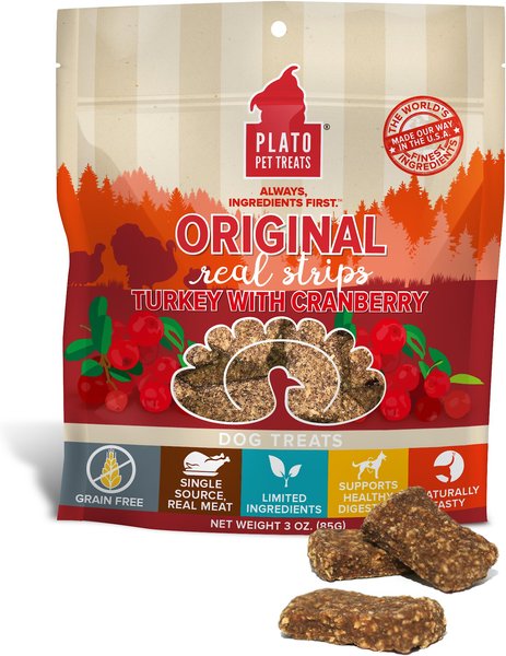 Plato Original Real Strips Turkey & Cranberry Recipe Grain-Free Dog Treats, 6-oz bag slide 1 of 4