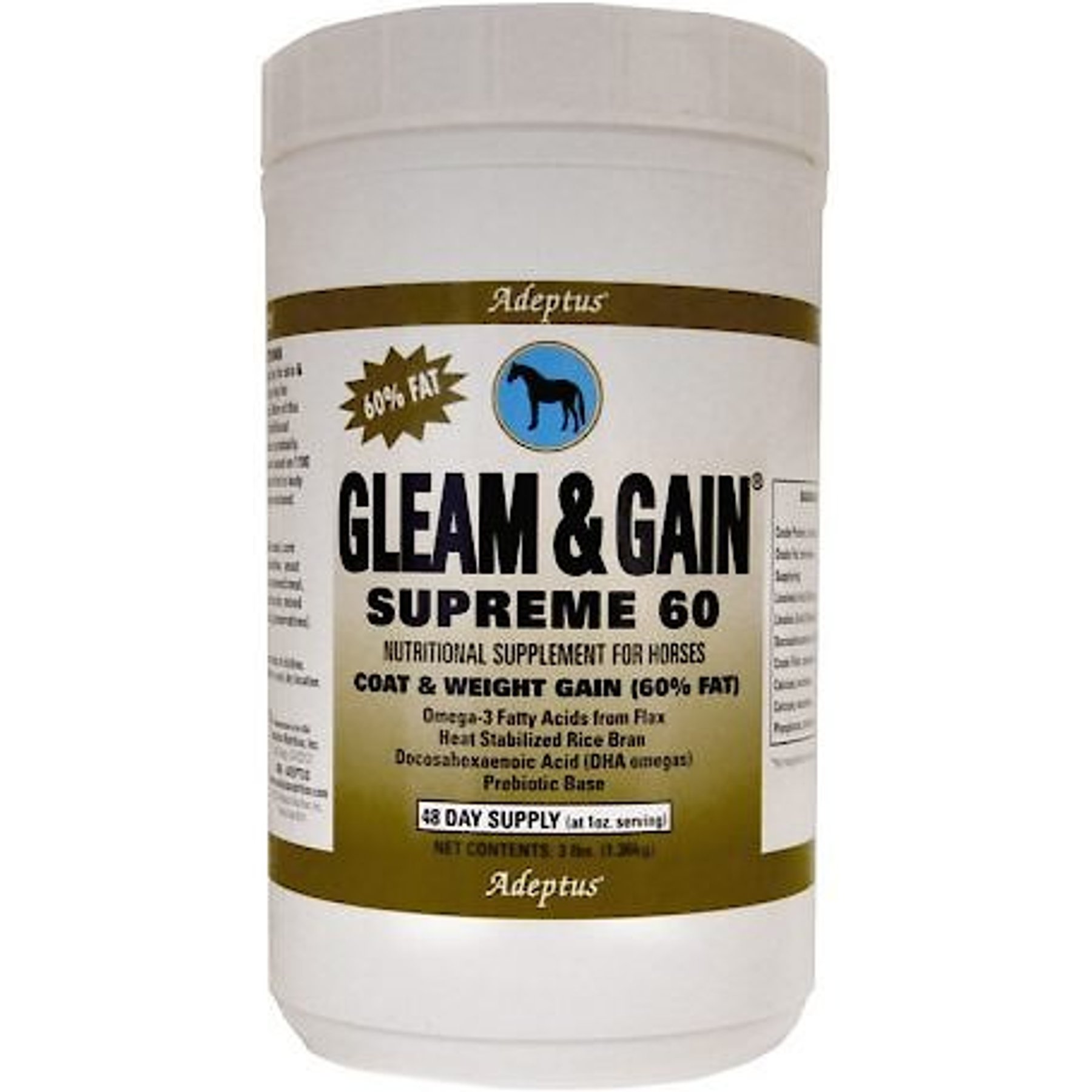 Adeptus Gleam & Gain Supreme 60 Coat & Weight Gain Grain Flavor Powder Horse Supplement, 3-lb tub